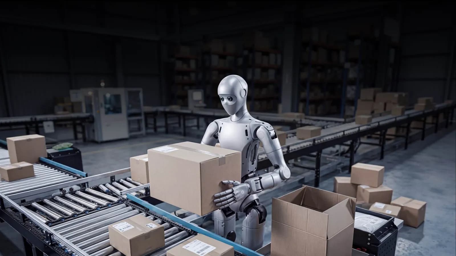Depoda koli taşıyan Unitree H2 PLUS insansı robot